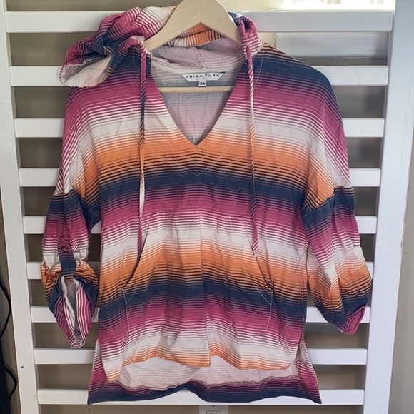 TRINA TURK STRIPED HOODIE V NECK PULLOVER TOP MULTI COLOR Size XS - Picture 5 of 16